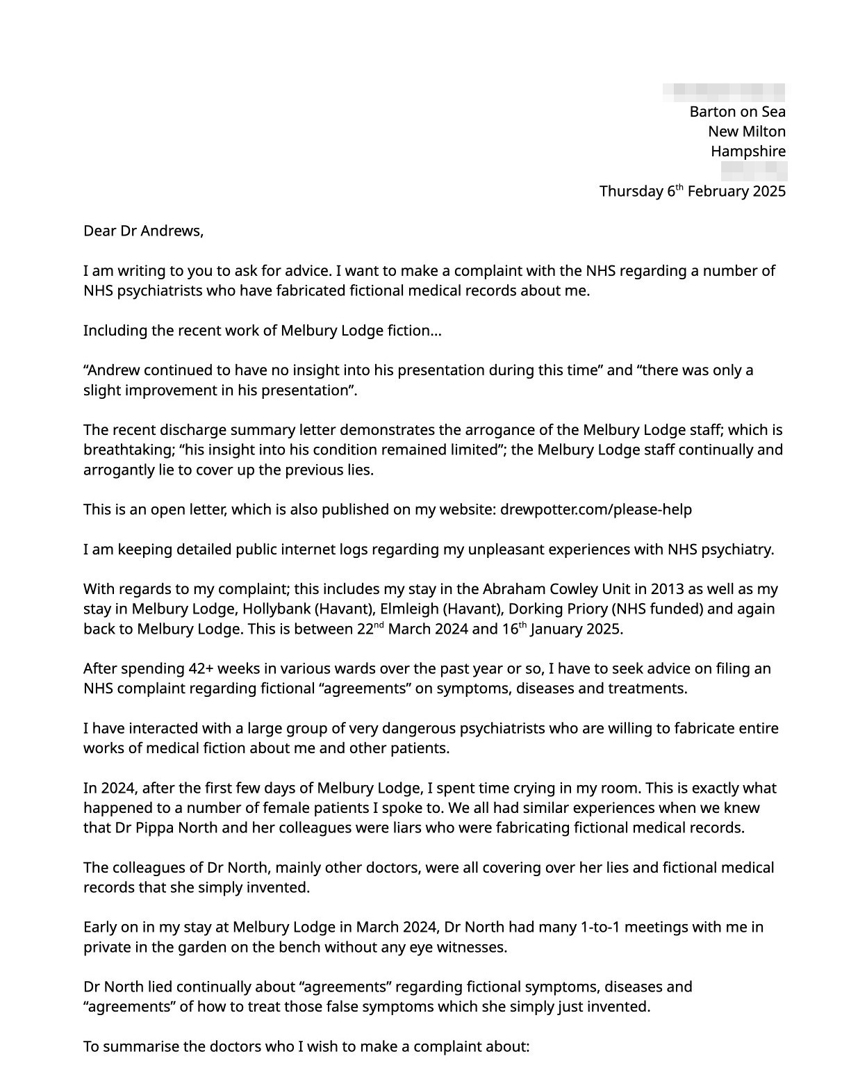 NHS complaint letter page 1