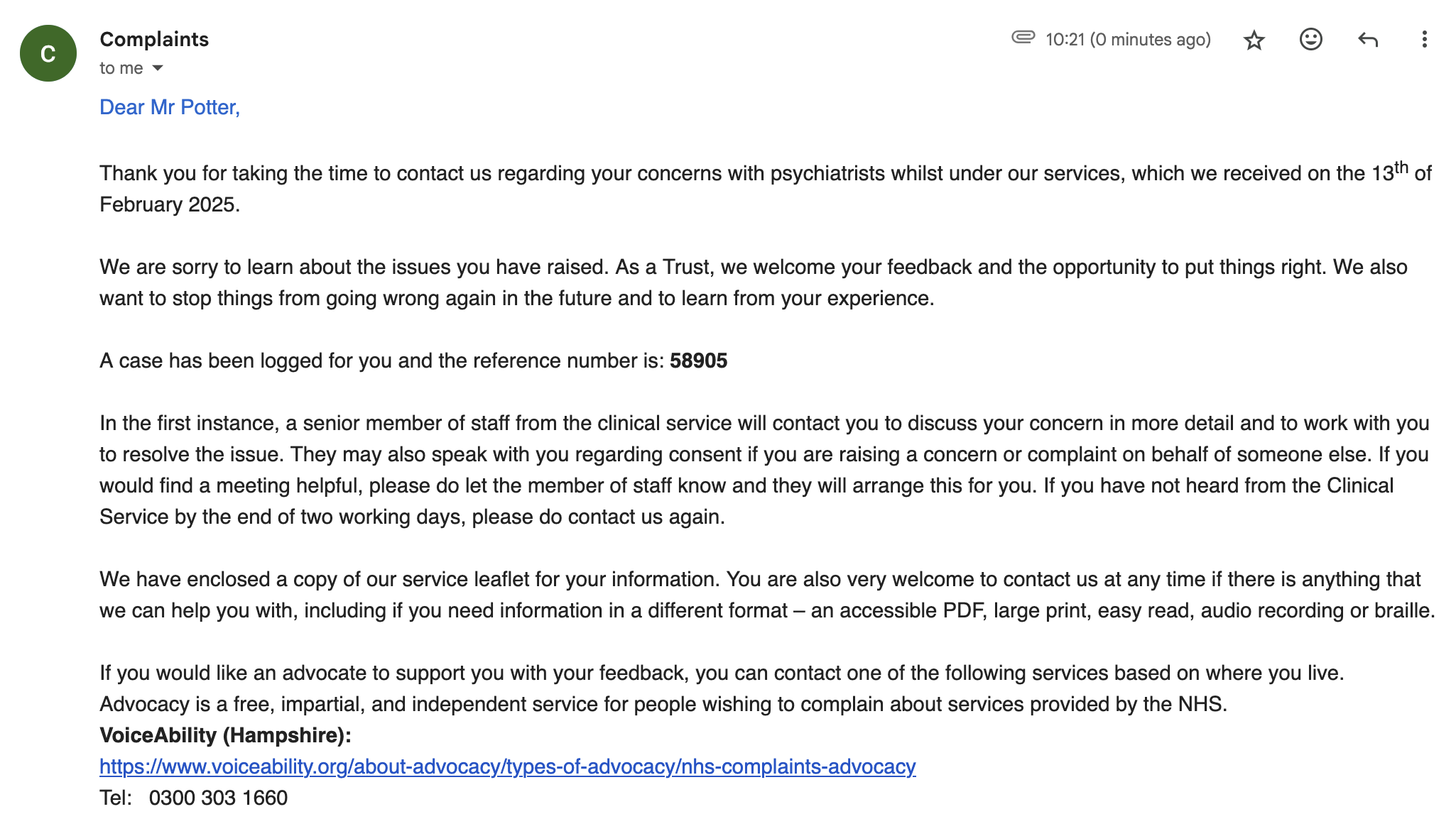 20250217_NHS_COMPLAINT_CASE_LOGGED_REF_58905