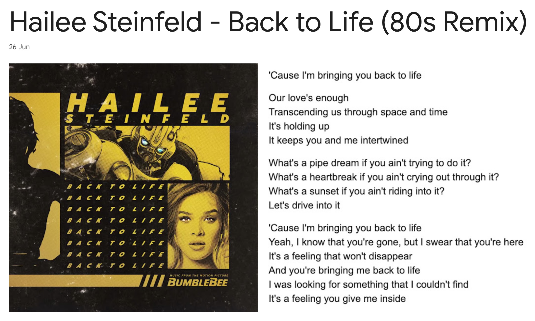Hailee Steinfeld Back to Life 80s Remix