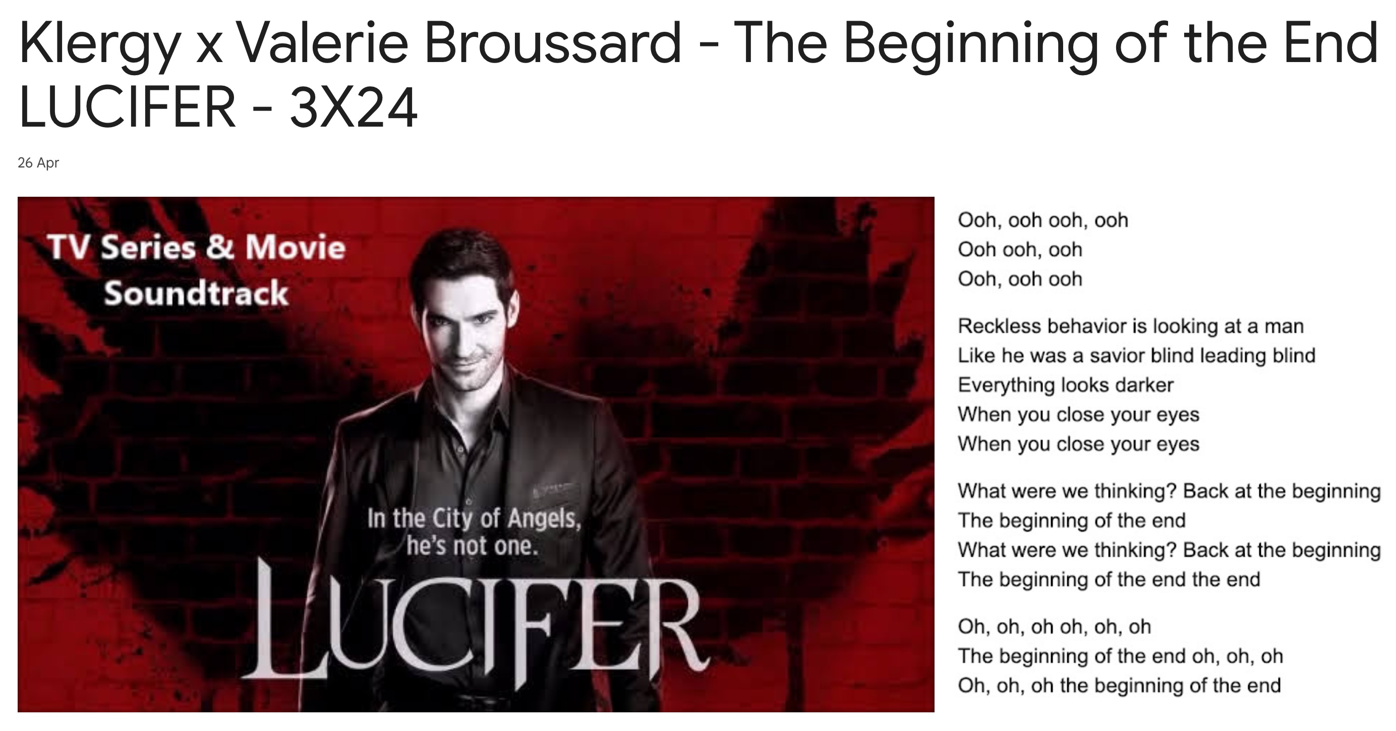 Klergy x Valerie Broussard The Beginning of the End LUCIFER 3X24